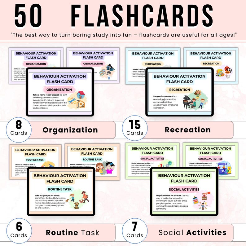 K&ouml;nnte beinhalten: Ein Set von 50 Karteikarten mit dem Titel "50 FLASHCARDS" in gro&szlig;er schwarzer Schrift. Die Karten sind in Kategorien unterteilt: Organisation, Freizeit, Routineaufgaben und soziale Aktivit&auml;ten. Jede Karte enth&auml;lt Illustrationen und Text.