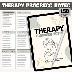 May include: A digital tablet showing "THERAPY PROGRESS NOTES" with a line drawing of a person and a dog. The tablet displays 150 pages of ready-to-use notes for mental health professionals. Additional pages with therapy topics are also visible.