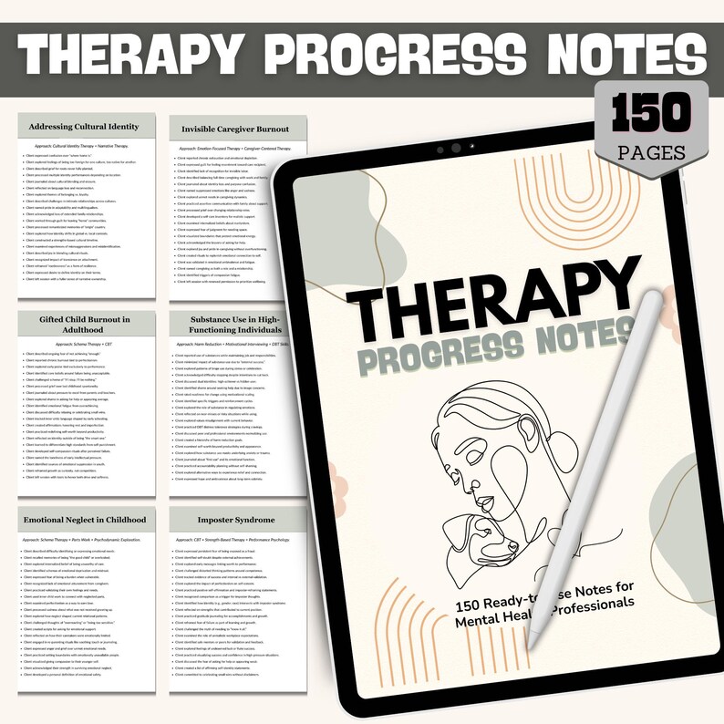 May include: A digital tablet showing "THERAPY PROGRESS NOTES" with a line drawing of a person and a dog. The tablet displays 150 pages of ready-to-use notes for mental health professionals. Additional pages with therapy topics are also visible.