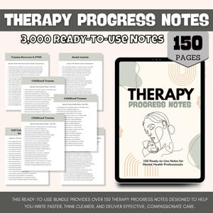 Puede incluir: Una tableta digital muestra "Notas de progreso de terapia" con un dibujo lineal de una persona y un perro. La imagen también muestra varias páginas impresas con texto, y el texto "3.000 notas listas para usar" y "150 páginas".