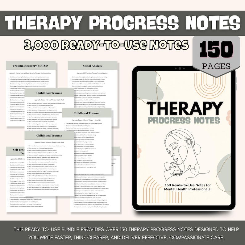 May include: A digital tablet shows "Therapy Progress Notes" with a line drawing of a person and a dog. The image also shows several printed pages with text, and the text "3,000 Ready-to-Use Notes" and "150 Pages".
