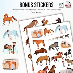 Op de afbeelding: Een set digitale stickers met illustraties van paarden in verschillende poses en omgevingen. De stickers zijn ontworpen voor gebruik in digitale planners en notitieboekjes. De tekst "BONUS STICKERS" en "Unlock 500+ Bonus Stickers - Add Fun & Functionality to Your Notes!" wordt bovenaan de afbeelding weergegeven.