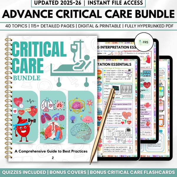 Paquete de cuidados intensivos, guía de estudio de cuidados intensivos, tarjetas didácticas adicionales, notas sobre atención de emergencias, kit educativo de enfermería de UCI (digital e imprimible)