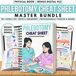 May include: A phlebotomy cheat sheet master bundle with the text "Phlebotomy Cheat Sheet" and "Phlebotomy Made Simple". The image shows two medical professionals performing a blood draw. The bundle includes a physical book and a bonus digital file.