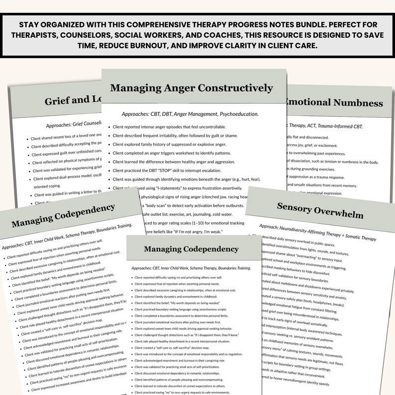May include: A collection of therapy progress notes, including topics such as "Grief and Loss" and "Managing Anger Constructively." The notes are intended for therapists and counsellors. The text at the top states the resource is designed to save time and improve clarity.