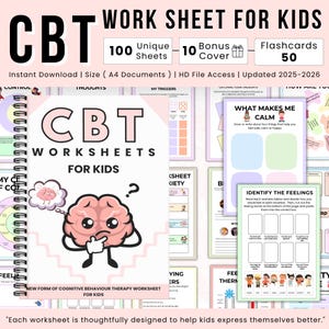 May include: A spiral-bound CBT worksheet set for kids, featuring a pink and white cover with the text "CBT Worksheets for Kids." The image includes sample pages with prompts for identifying feelings and calming activities. The set includes 100 sheets, 10 bonus covers, and 50 flashcards.