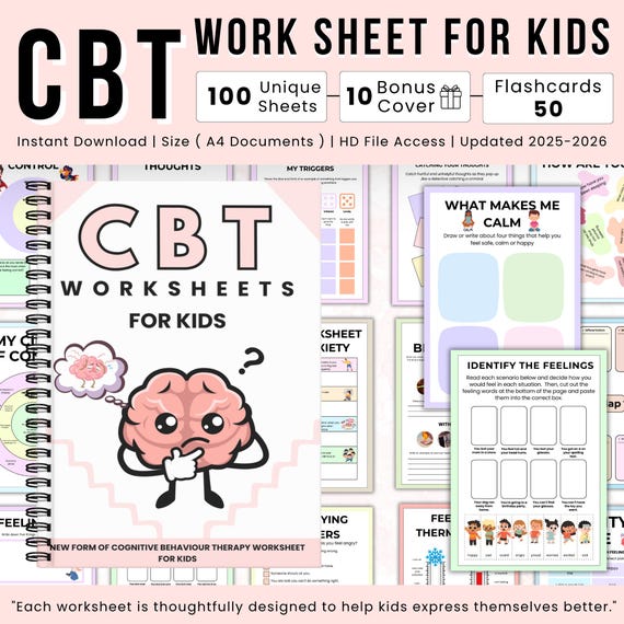Kids CBT Worksheets, Cognitive Behavioral Therapy Activities for Children, Printable Mental Health Counseling Tools, Emotional Regulation
