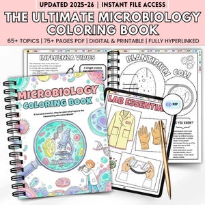 以下が含まれることがあります： 「The Ultimate Microbiology Coloring Book」というタイトルと「Updated 2025-26」というテキストが入った、スパイラル綴じの微生物学の塗り絵。ウイルスや実験器具のイラストが掲載されています。金色のペンがタブレットの上に置かれています。