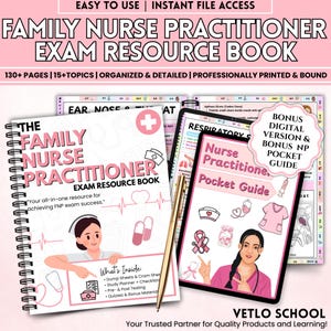 May include: A Family Nurse Practitioner Exam Resource Book with a spiral binding, featuring a pink and white cover with illustrations and text. The image also includes a digital version and pocket guide, along with a gold pen. The text reads "Easy to Use" and "Instant File Access."
