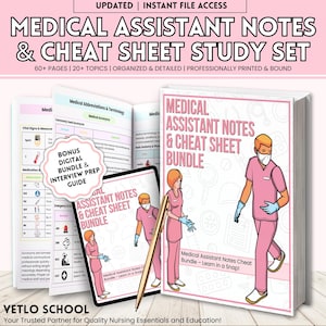 May include: A study set for medical assistants, featuring a bundle of notes and a cheat sheet. The set includes 60+ pages covering 20+ topics, organized and detailed. A bonus digital bundle and interview prep guide are also included. The cover displays the title and illustrations.