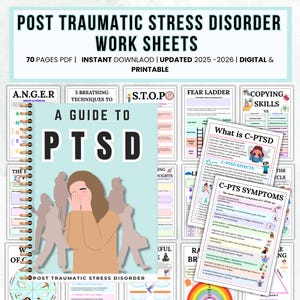 Puede incluir: Un conjunto de hojas de trabajo imprimibles para el trastorno de estrés postraumático (TEPT). La portada de la guía muestra el título "A Guide to PTSD" y una ilustración de una persona cubriéndose la cara. Las hojas de trabajo incluyen temas como el manejo de la ira y las habilidades de afrontamiento.