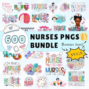 Op de afbeelding: Een verzameling PNG- en SVG-afbeeldingen met een verpleegkundig thema. De afbeelding toont verschillende ontwerpen met het woord "verpleegkundige", inclusief illustraties van stethoscopen, medische symbolen en inspirerende citaten. De bundel bevat 600 PNG's en 600 SVG's als bonus.