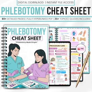 Puede incluir: Una hoja de trucos de flebotomía con el título "PHLEBOTOMY CHEAT SHEET" y el texto "Phlebotomy Made Simple". La imagen muestra páginas detalladas, un PDF totalmente hipervinculado, más de 25 temas y cuestionarios. La imagen también muestra a profesionales médicos realizando una extracción de sangre.