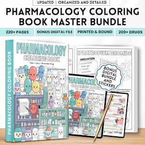 May include: A pharmacology coloring book bundle with the text "Pharmacology Coloring Book Master Bundle". The cover features cartoon illustrations of drug-related characters. Includes a digital file, stickers, and over 200 drugs.