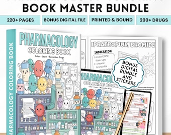 May include: A pharmacology coloring book bundle with the text "Pharmacology Coloring Book Master Bundle". The cover features cartoon illustrations of drug-related characters. Includes a digital file, stickers, and over 200 drugs.