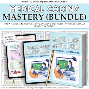 May include: A bundle of medical coding study materials, including a printed book, a digital version, and two tablets. The cover of the book and tablets reads "MEDICAL CODING MASTERY BUNDLE". A gold pen rests on the book. The image includes the text "UPDATED 2026-27".