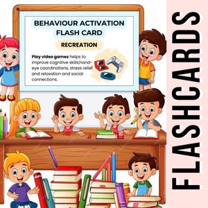 K&ouml;nnte beinhalten: Bunte Illustration mit Kindern und dem Text &bdquo;BEHAVIOUR ACTIVATION FLASH CARD RECREATION&ldquo;. Das Bild wirbt f&uuml;r Videospiele zur Verbesserung der kognitiven F&auml;higkeiten, der Hand-Augen-Koordination, zur Stressbew&auml;ltigung und f&uuml;r soziale Kontakte. Stifte und B&uuml;cher sind ebenfalls zu sehen.