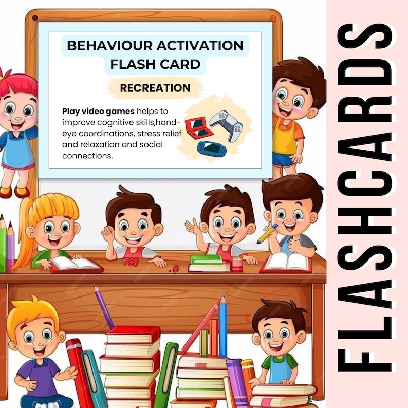 K&ouml;nnte beinhalten: Bunte Illustration mit Kindern und dem Text &bdquo;BEHAVIOUR ACTIVATION FLASH CARD RECREATION&ldquo;. Das Bild wirbt f&uuml;r Videospiele zur Verbesserung der kognitiven F&auml;higkeiten, der Hand-Augen-Koordination, zur Stressbew&auml;ltigung und f&uuml;r soziale Kontakte. Stifte und B&uuml;cher sind ebenfalls zu sehen.