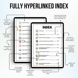 Op de afbeelding: Een digitale illustratie van een volledig gelinkte index voor een gids voor paardenverzorging. De index omvat onderwerpen zoals paardenhuidziekten, hoefverzorging, infectieziekten, ademhalingsproblemen, gastro-intestinale gezondheid, cardiovasculaire gezondheid, neurologische aandoeningen, spoed- en intensieve zorg, chirurgische procedures, pijnmanagement, voeding en dieetmanagement, voortplantingsgezondheid, fokbeheer, vaccinatieprotocollen, parasietenbestrijding, ontwormingsprogramma's, tandheelkunde, aandoeningen van het bewegingsapparaat en kreupelheid. De index bevat ook een sectie over paarden tandheelkunde.