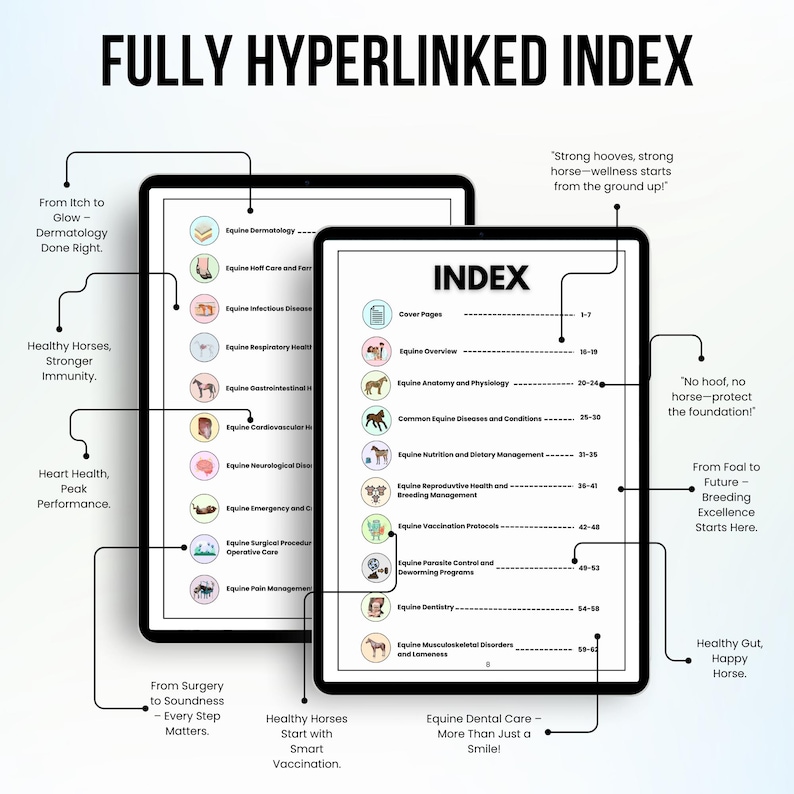 Op de afbeelding: Een digitale illustratie van een volledig gelinkte index voor een gids voor paardenverzorging. De index omvat onderwerpen zoals paardenhuidziekten, hoefverzorging, infectieziekten, ademhalingsproblemen, gastro-intestinale gezondheid, cardiovasculaire gezondheid, neurologische aandoeningen, spoed- en intensieve zorg, chirurgische procedures, pijnmanagement, voeding en dieetmanagement, voortplantingsgezondheid, fokbeheer, vaccinatieprotocollen, parasietenbestrijding, ontwormingsprogramma's, tandheelkunde, aandoeningen van het bewegingsapparaat en kreupelheid. De index bevat ook een sectie over paarden tandheelkunde.