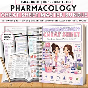 May include: A spiral-bound Pharmacology Cheat Sheet Master Bundle with 53+ pages and 23+ topics. The cover features two cartoon figures in lab coats, medical icons, and the text Pharmacology Cheat Sheet Know Drugs Understand Actions Save Lives.