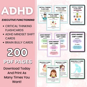 Może przedstawiać: Zestaw edukacyjnych fiszek dla ADHD, w tym karty Krytycznego Myślenia, Zmiany Nastawienia i Karty Przemocy M&oacute;zgowej. Obraz ma r&oacute;żowo-biały design z tekstem "ADHD" i "Funkcjonowanie wykonawcze". Produkt zawiera 200 stron PDF.