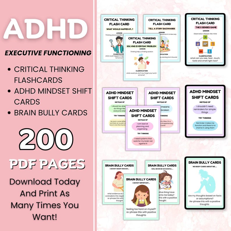 Może przedstawiać: Zestaw edukacyjnych fiszek dla ADHD, w tym karty Krytycznego Myślenia, Zmiany Nastawienia i Karty Przemocy M&oacute;zgowej. Obraz ma r&oacute;żowo-biały design z tekstem "ADHD" i "Funkcjonowanie wykonawcze". Produkt zawiera 200 stron PDF.