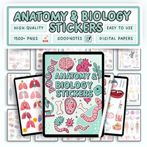 Op de afbeelding: Tablets met digitale anatomie- en biologie-stickers. De afbeelding toont kleurrijke illustraties van het menselijk lichaam, waaronder de hersenen, het hart, de longen en cellen. De tekst "ANATOMY & BIOLOGY STICKERS", "HIGH QUALITY" en "EASY TO USE" is inbegrepen.