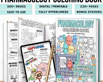 Pharmacology Coloring Book PDF Hyperlinked Bundle | 220+ Pages | 200+ Drugs | Nursing & Medical Study Guide | Digital Printable