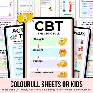 K&ouml;nnte beinhalten: Eine Sammlung von Arbeitsbl&auml;ttern zur kognitiven Verhaltenstherapie (KVT) f&uuml;r Kinder. Das zentrale Bild zeigt "CBT The CBT Cycle" mit Abschnitten f&uuml;r Gedanken, Emotionen, Gef&uuml;hle und Gegenbehauptung, jeweils mit einem Emoji. Der Text "100 SHEETS" ist sichtbar.