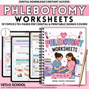 Könnte beinhalten: Ein Spiralnotizbuch und zwei digitale Tablets mit "Phlebotomy Worksheets". Das Notizbuchcover zeigt medizinische Illustrationen. Der Text enthält "Prepare. Practice. Professional." und "Digital Download | Instant Access."
