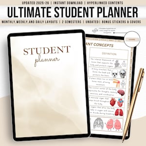 Könnte beinhalten: Digitaler Studentenplaner mit monatlichen, wöchentlichen und täglichen Layouts. Der Planer enthält Bonusaufkleber und -cover. Der Text auf dem Planer lautet "STUDENT planner". Ein goldener Stift liegt an der Seite des Planers.