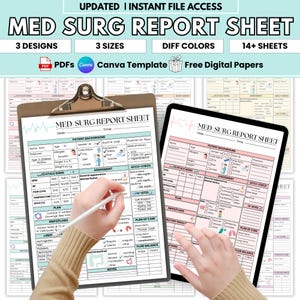 Puede incluir: Una hoja de informe médico titulada "MED SURG REPORT SHEET" se muestra en una carpeta con pinza y una tableta. La hoja incluye secciones para los antecedentes del paciente, los signos vitales, la evaluación y el plan de atención. La imagen también muestra el texto "3 Designs", "3 Sizes", "Diff Colors" y "14+ Sheets".