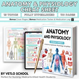 以下が含まれることがあります： 解剖学と生理学のチートシート。15のトピック、完全ハイパーリンク、110ページ。ボーナス表紙と投薬トラッカーが含まれています。詳細な解剖学的イラストと図が特徴です。