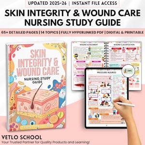 May include: A nursing study guide titled "Skin Integrity & Wound Care" with detailed pages and topics. The image shows the book, open pages, and a tablet displaying wound care information. The guide is digital and printable.
