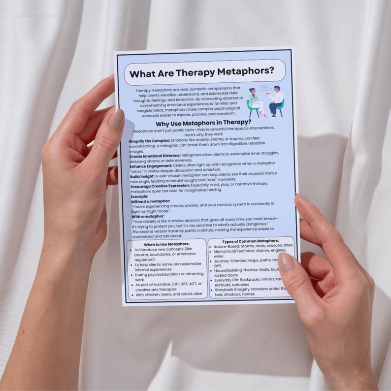 Peut inclure: Une feuille de papier blanche intitul&eacute;e "What Are Therapy Metaphors ?" est tenue par des mains. Le texte explique les m&eacute;taphores th&eacute;rapeutiques, leurs utilisations et des exemples. La feuille comprend des puces et un sch&eacute;ma.
