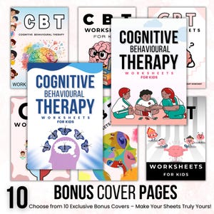 K&ouml;nnte beinhalten: Eine Sammlung von zehn farbenfrohen Titelseiten f&uuml;r "Arbeitsbl&auml;tter zur kognitiven Verhaltenstherapie f&uuml;r Kinder". Die Cover zeigen Illustrationen von Gehirnen, Kindern und Schmetterlingen mit dem Text "CBT" und "Arbeitsbl&auml;tter f&uuml;r Kinder".
