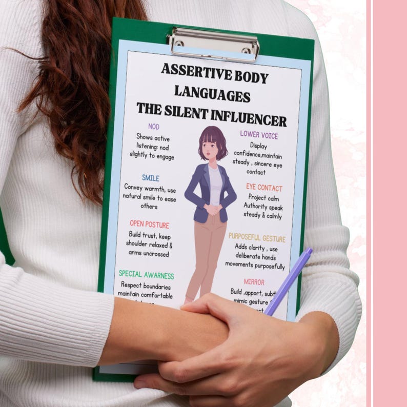 Może przedstawiać: Zielona tablica z wydrukowaną stroną zatytułowaną "Assertive Body Languages" i "The Silent Influencer". Strona zawiera ilustracje i tekst o komunikacji niewerbalnej, w tym kiwaniu głową i kontakcie wzrokowym. Tablica jest trzymana przez osobę.