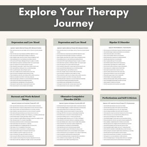 May include: An image featuring the text "Explore Your Therapy Journey." Six panels below detail topics such as "Depression and Low Mood" and "Obsessive-Compulsive Disorder (OCD)," each with bulleted lists of related points.
