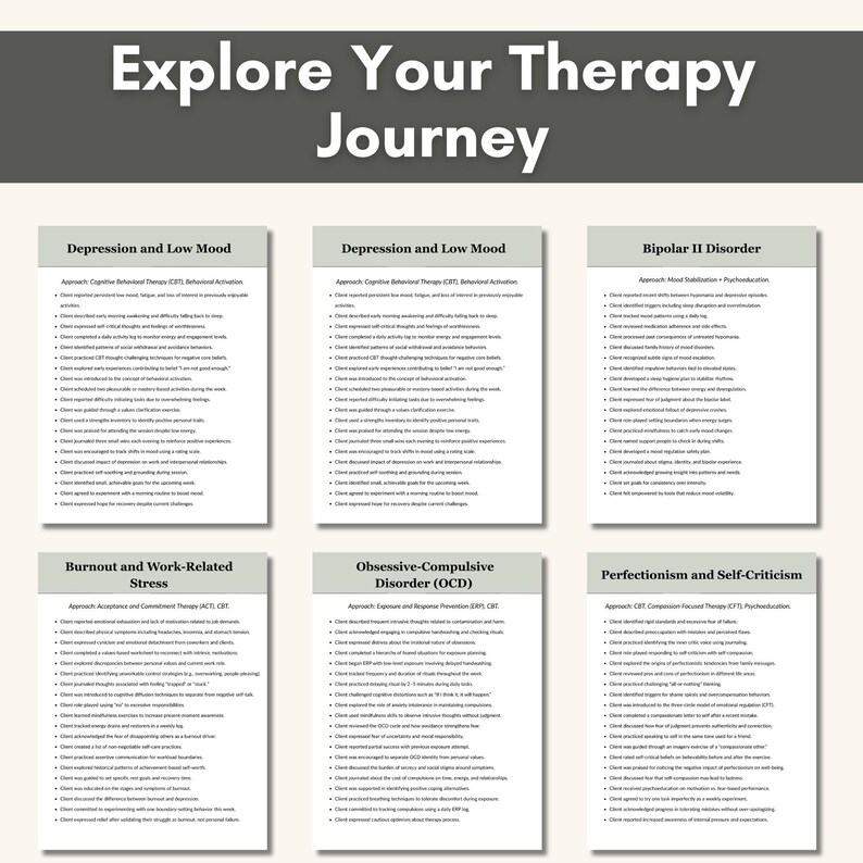 May include: An image featuring the text "Explore Your Therapy Journey." Six panels below detail topics such as "Depression and Low Mood" and "Obsessive-Compulsive Disorder (OCD)," each with bulleted lists of related points.