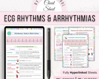 75+ ECG Rhythm & Arrhythmias Cheat Sheet, ECG Study Guide, Nursing Notes, Medical Cheat Sheet, Nursing Student, Free Stickers or Cover pages