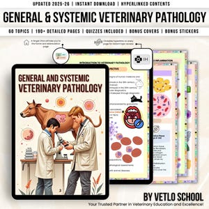 May include: Two students are looking through a microscope at a cow. The image is from a book titled "General and Systemic Veterinary Pathology". The book cover features a colorful illustration of a cow and two students.