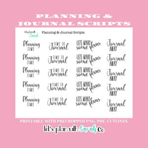 Puede incluir: Una hoja de pegatinas de planificador imprimibles con texto negro sobre fondo blanco. El texto incluye "Planning Time", "Time to Journal", "Let's Make Some Plans" y "Journal Away".
