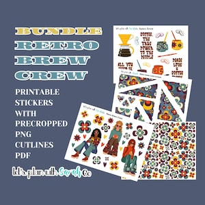Könnte beinhalten: Eine Sammlung druckbarer Aufkleber mit Retro-Kaffee-Motiv. Die Aufkleber zeigen Illustrationen von Kaffeezubereitungsgeräten, Blumenmustern und dem Text "Bundle Retro Brew Crew". Die Aufkleber sind vorgeschnittene PNGs mit Schnittlinien und im PDF-Format.