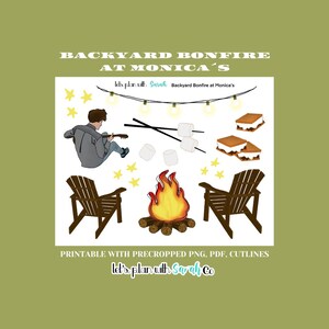 Puede incluir: Conjunto de imágenes digitales imprimibles que representan una escena de fogata en el patio trasero con una fogata, dos sillas, una persona tocando la guitarra, luces de cadena, malvaviscos y s'mores. El texto "Let's plan with Sarah" está incluido en la imagen.