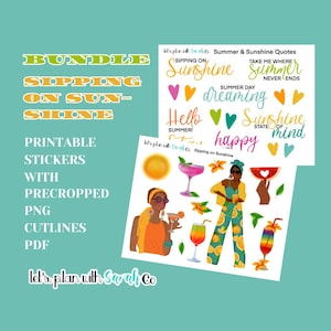 NIPPEREN VAN DE ZONNESCHIJN Afdrukbare leuke stickers. Zomerdrankjes, fruitdrankje, zomermeisjes, warme kleuren, voor planners, tijdschriften, plakboeken enz.
