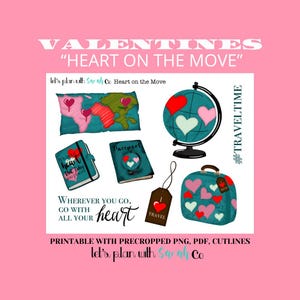 HEART ON the MOVE Afdrukbare Valentijnsstickers voor planner, dagboek, bujo, plakboeken, geheugensteun, kaarten maken, reisstickers, vakantie