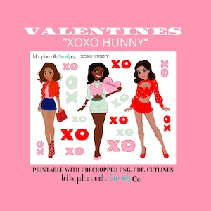XOXO HUNNY Afdrukbare Valentijn schatjes, stickers voor planner, dagboek, bujo, plakboeken, geheugensteun, kaarten maken,