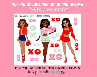 XOXO HUNNY Printable Valentine cuties, stickers for Planner, Journal, Bujo, Scrapbooks, Memory Keep, Card making,