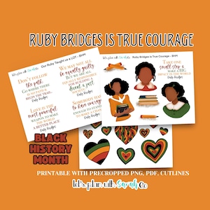 Op de afbeelding: Printbare stickers met Ruby Bridges, een icoon voor burgerrechten, met citaten over moed en gelijkheid. De stickers zijn ontworpen in zwart, rood, groen en geel, met een hartpatroon en een potlood. De tekst "Ruby Bridges is True Courage" is ook inbegrepen.